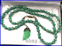Vintage Orign Art Deco Leaf Carved Green Jade Faux Pearls Brass Pendant Necklace
