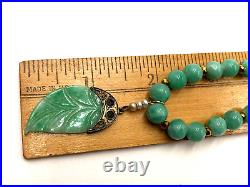 Vintage Orign Art Deco Leaf Carved Green Jade Faux Pearls Brass Pendant Necklace