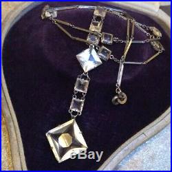 Vintage Rare Art Deco Signed Platinon Jewellery Open Set Crystal Drop Necklace