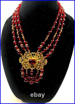 Vintage Red Ruby Clr Poured Hand-made Glass Goldtone Filigree Art Deco Necklace