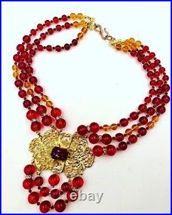 Vintage Red Ruby Clr Poured Hand-made Glass Goldtone Filigree Art Deco Necklace