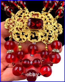 Vintage Red Ruby Clr Poured Hand-made Glass Goldtone Filigree Art Deco Necklace