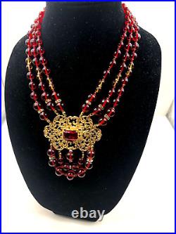 Vintage Red Ruby Clr Poured Hand-made Glass Goldtone Filigree Art Deco Necklace