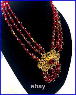 Vintage Red Ruby Clr Poured Hand-made Glass Goldtone Filigree Art Deco Necklace