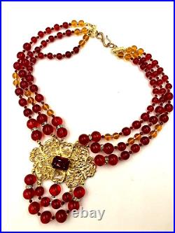 Vintage Red Ruby Clr Poured Hand-made Glass Goldtone Filigree Art Deco Necklace