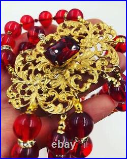 Vintage Red Ruby Clr Poured Hand-made Glass Goldtone Filigree Art Deco Necklace