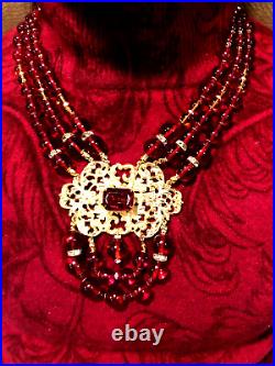 Vintage Red Ruby Clr Poured Hand-made Glass Goldtone Filigree Art Deco Necklace