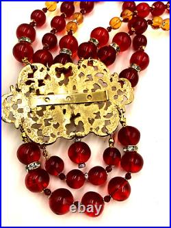 Vintage Red Ruby Clr Poured Hand-made Glass Goldtone Filigree Art Deco Necklace