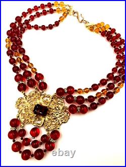 Vintage Red Ruby Clr Poured Hand-made Glass Goldtone Filigree Art Deco Necklace