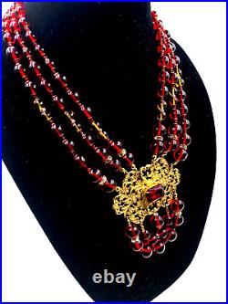 Vintage Red Ruby Clr Poured Hand-made Glass Goldtone Filigree Art Deco Necklace