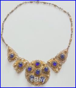 Vintage Signed Art Deco Czech Czechoslovakia Blue Cabochon Art Glass Necklace
