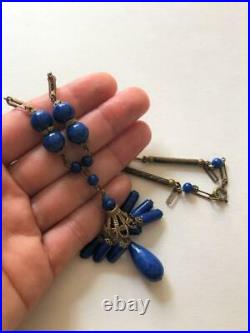 Vintage Signed Czech Art Deco Blue Lapis Glass Fringe Pendant Necklace