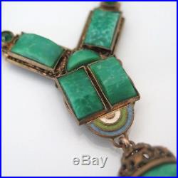 Vintage Signed Czech Art Deco Peking Glass Enamel Dangle Pendant Necklace