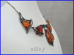 Vintage Silver Tone Art Deco Amber Necklace & Earring Set