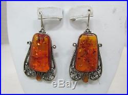 Vintage Silver Tone Art Deco Amber Necklace & Earring Set
