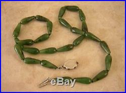 Vintage Spinach Jade Necklace With Beautiful Art Deco Clasp Torpedo Shaped Beads