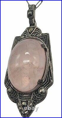 Vintage Sterling Silver (. 925) Faceted Pink Quartz marcasite Art Deco Necklace