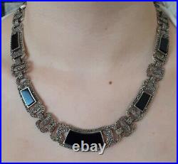 Vintage Sterling Silver Art Deco Black Onyx Marcasite Collar Necklace 925 MRF
