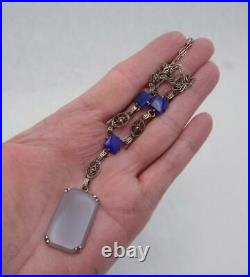 Vintage Sterling Silver Art Deco Blue Gray Glass Marcasite Necklace 25609
