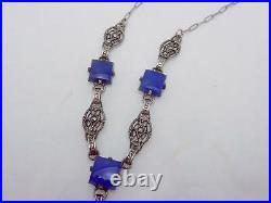 Vintage Sterling Silver Art Deco Blue Gray Glass Marcasite Necklace 25609