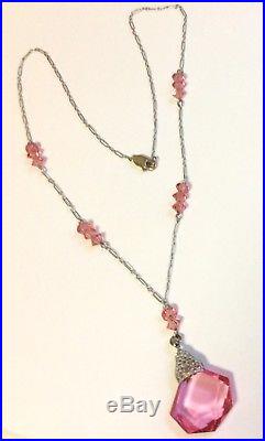 Vintage Sterling Silver Art Deco Czech Faceted Pink Glass Pendant Necklace