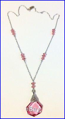 Vintage Sterling Silver Art Deco Czech Faceted Pink Glass Pendant Necklace