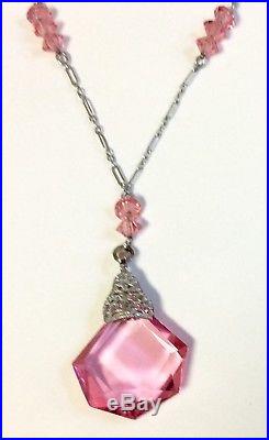 Vintage Sterling Silver Art Deco Czech Faceted Pink Glass Pendant Necklace