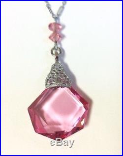 Vintage Sterling Silver Art Deco Czech Faceted Pink Glass Pendant Necklace