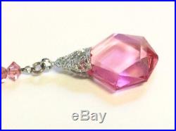 Vintage Sterling Silver Art Deco Czech Faceted Pink Glass Pendant Necklace