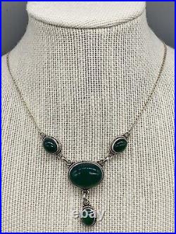 Vintage Sterling Silver Art Deco Green Agate Pendant Necklace