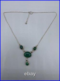 Vintage Sterling Silver Art Deco Green Agate Pendant Necklace