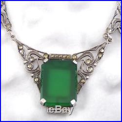 Vintage Sterling Silver Art Deco Green Stone Marcasite Necklace 16.5 LDB8