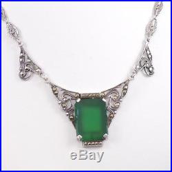 Vintage Sterling Silver Art Deco Green Stone Marcasite Necklace 16.5 LDB8