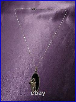 Vintage Sterling Silver Art Deco Marcasite Onyx Flapper Lady Pendant Necklace