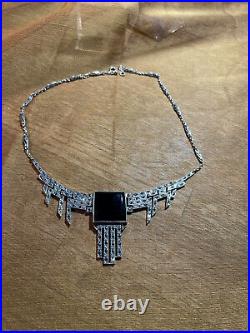 Vintage Sterling Silver Art Deco Necklace With Onyx And Marcasites