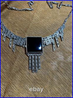 Vintage Sterling Silver Art Deco Necklace With Onyx And Marcasites