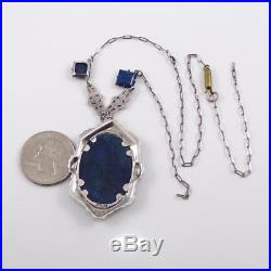 Vintage Sterling Silver Filigree Art Deco Blue Lapis Pendant Necklace 16 LDG6