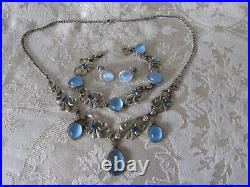 Vintage Sterling Silver WRE Blue Moonstone Art Deco NecklaceBraceletEarrings