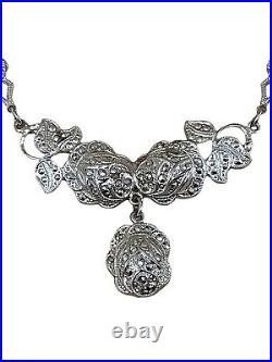 Vintage THEDA Sterling Silver Marcasite Flower Necklace 30s 40s 50s Art Deco