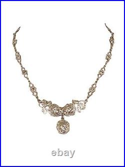 Vintage THEDA Sterling Silver Marcasite Flower Necklace 30s 40s 50s Art Deco