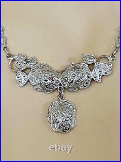 Vintage THEDA Sterling Silver Marcasite Flower Necklace 30s 40s 50s Art Deco