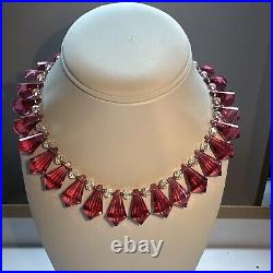 Vintage Unique 15 Cranberry Clear Crystal Art Deco Necklace Silver Clasp