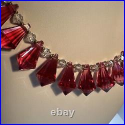 Vintage Unique 15 Cranberry Clear Crystal Art Deco Necklace Silver Clasp