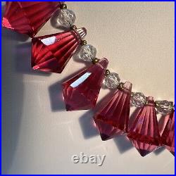 Vintage Unique 15 Cranberry Clear Crystal Art Deco Necklace Silver Clasp