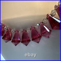 Vintage Unique 15 Cranberry Clear Crystal Art Deco Necklace Silver Clasp