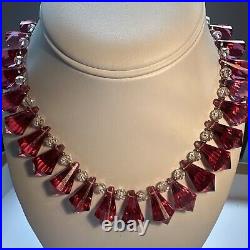 Vintage Unique 15 Cranberry Clear Crystal Art Deco Necklace Silver Clasp