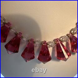 Vintage Unique 15 Cranberry Clear Crystal Art Deco Necklace Silver Clasp