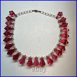 Vintage Unique 15 Cranberry Clear Crystal Art Deco Necklace Silver Clasp