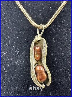 Vintage Unique Art Deco Brass Open Peanut Pendant Two Brown Pears Necklace