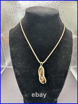 Vintage Unique Art Deco Brass Open Peanut Pendant Two Brown Pears Necklace